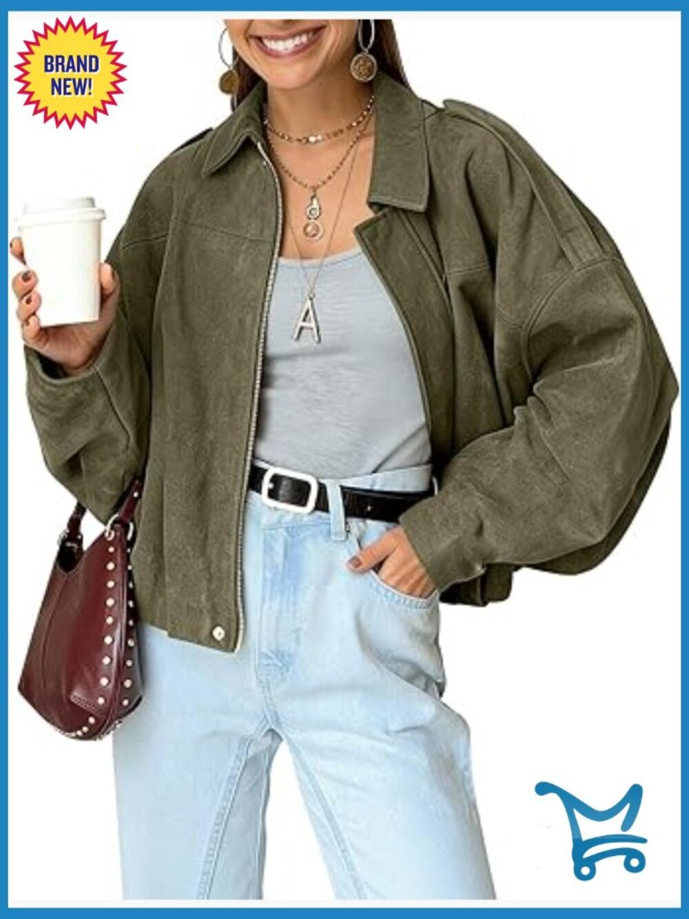 Faux Suede Bomber Jacket Oversized Batwing Long Sleeve Zip Up Cropped Coat